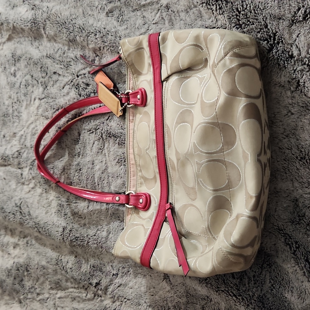 Coach Canvas and Silver shoulder bag with Pink accents